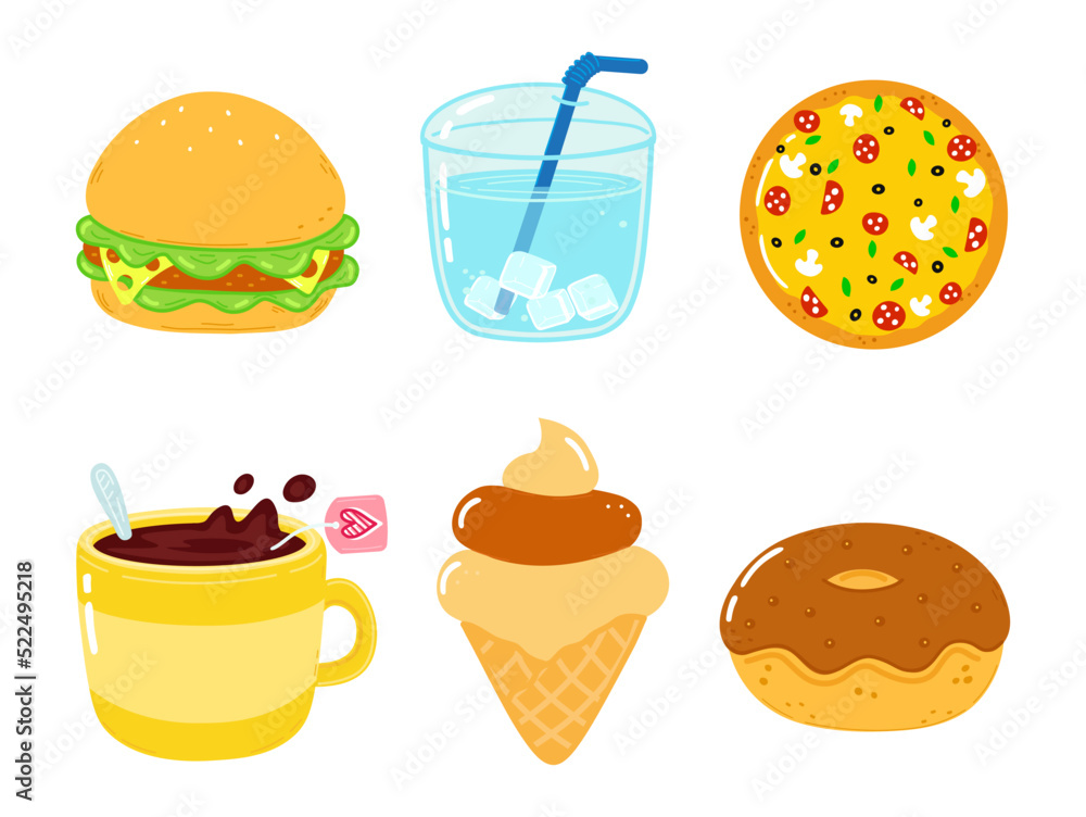 Funny happy fast food characters set. Vector hand drawn cartoon kawaii character illustration. Isolated white background. Cute sandwich, glass of water, pizza, cup of tea, ice cream, chocolate donut Funny happy fast food characters set. Vector hand drawn cartoon kawaii character illustration. Isolated white background. Cute sandwich, glass of water, pizza, cup of tea, ice cream, chocolate donut