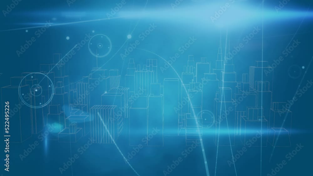 Animation of network of connections over digital city on blue background Animation of network of connections over digital city on blue background
