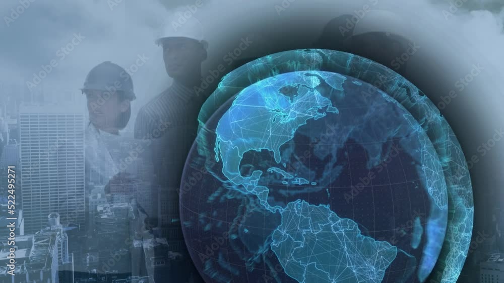 Animation of globe over diverse business people and cityscape Animation of globe over diverse business people and cityscape
