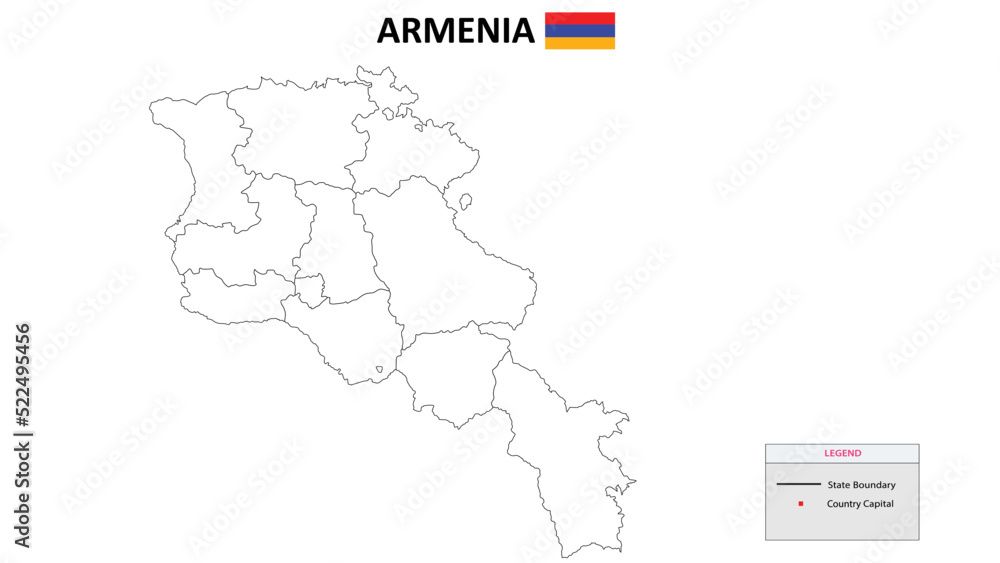 Armenia Map. State and district map of Armenia. Political map of Armenia with outline and black and white design.