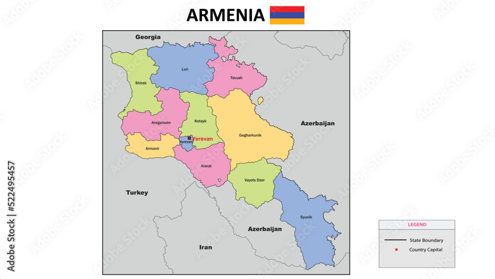 Armenia Map. State and district map of Armenia. Political map of Armenia with neighboring countries and borders.