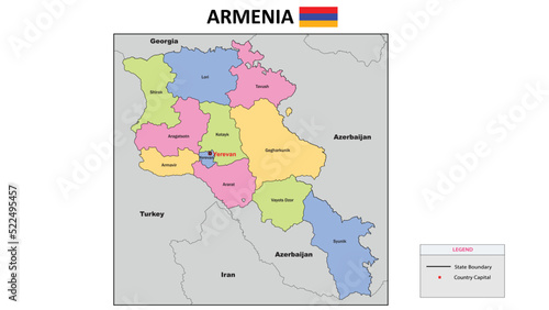 Armenia Map. State and district map of Armenia. Political map of Armenia with neighboring countries and borders.