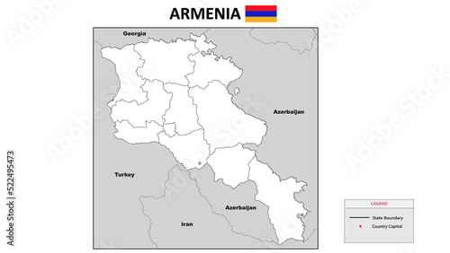 Armenia Map. State and district map of Armenia. Political map of Armenia with outline and black and white design.