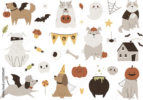 Set of Halloween dogs in mascarade costumes, cauldron, haunted house, bat, pumpkins.