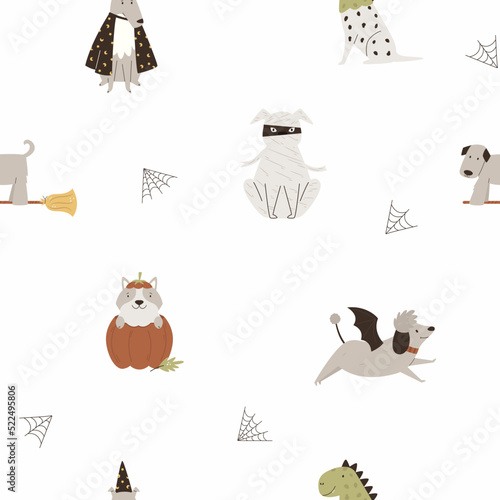 Halloween seamless paper with funny dogs in masquerade costumes
