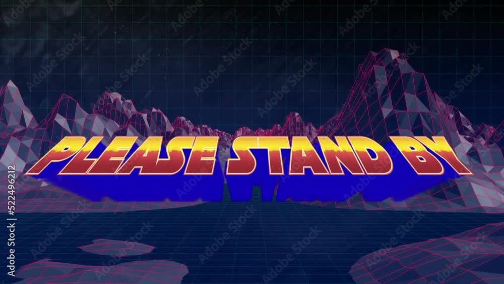 Animation of please stand by over metaverse landscape on black background