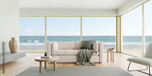 3d rendering of modern living room with sofa on wooden floor. Sea view background.