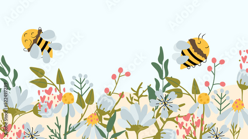 Vector cute illustration with wildflowers flowering meadow and honey bees. Composition for your brand, label, postcard. Illustration.
