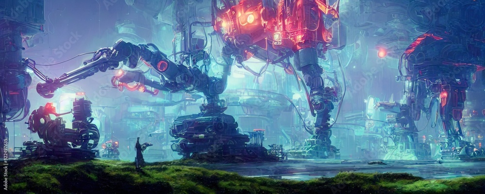 Futuristic factory with huge robots in a neon blue haze. Epic sci-fi scene in cyberpunk style. Futuristic 3D illustration. Fantastic wallpaper. 3D render Futuristic factory with huge robots in a neon blue haze. Epic sci-fi scene in cyberpunk style. Futuristic 3D illustration. Fantastic wallpaper. 3D render