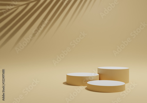 Abstract 3D realistic pastel cylinder pedestal podium set and palm leaf shadow overlay. Stage for showcase. Minimal scene for product display presentation. 3d rendering illustration.
