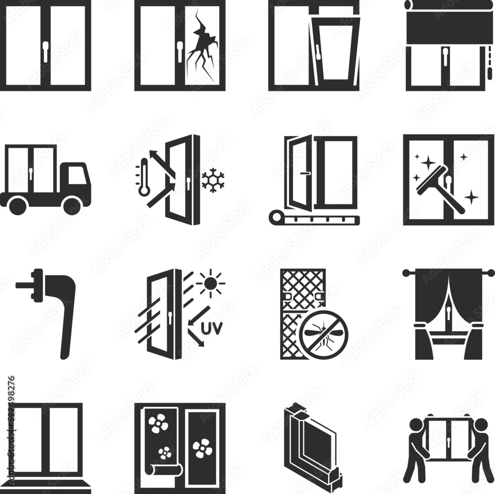 Windows icons set. Metering and installation of plastic window, surface