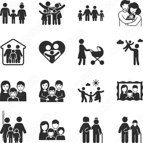 Family icons set. People family members together hurt time. Parents and children. Family values. Monochrome black and white icon.