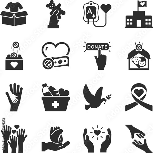 Charity icons set. Fundraising to help those in need. Cash assistance, food, clothing, donation. Monochrome black and white icon.