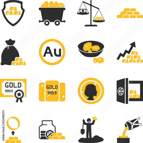 Gold icons set. Gold mining, a financial asset, a chemical element. Black and gold icon collection