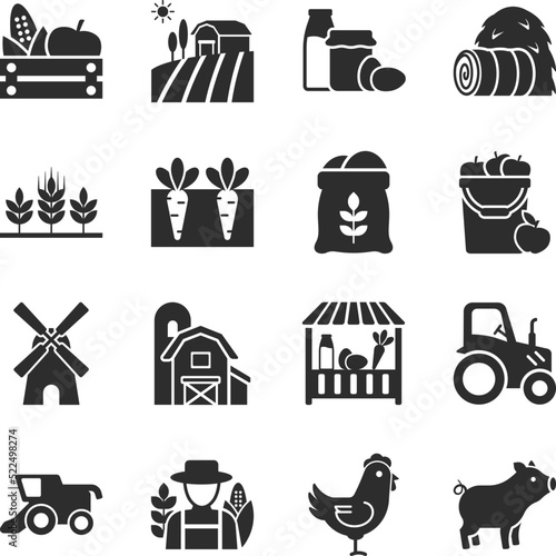 Farm icons set. Jobs, farm products, harvesting. buildings for farming. Monochrome black and white icon.