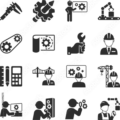 Engineering icons set. Produced worker engineer. Production, maintenance, technical control. Monochrome black and white icon.