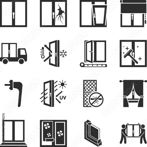Windows icons set. Metering and installation of plastic window, surface types and additional equipment. Monochrome black and white icon.