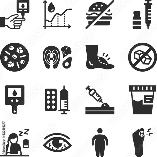 Diabetes icons set. Health status, care, and clinical guidelines for diabetes. Monochrome black and white icon.
