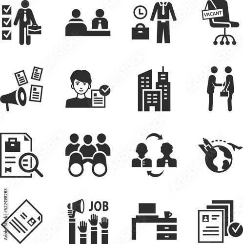 Hiring icons set. People in search of work. Hiring for a vacant position, workplace. Monochrome black and white icon.