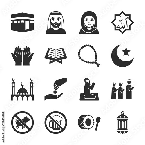 Islam icons set. Attributes of religion. Muslimism. Arab Culture. Monochrome black and white icon. Translation: "Allah."