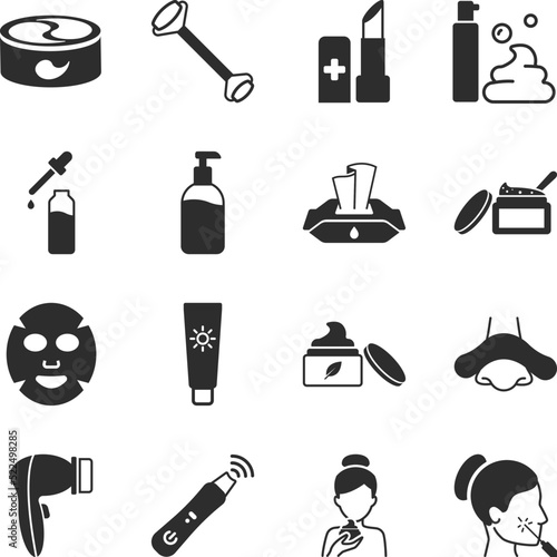 Facial skin care icons set. Tools, creams, masks, serums to moisturize, cleanse and remove wrinkles. Monochrome black and white icon.
