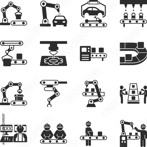 Production line, factory icons set. Robotics, Hydraulic robot. industrial work. Conveyor belt. Monochrome black and white icon.