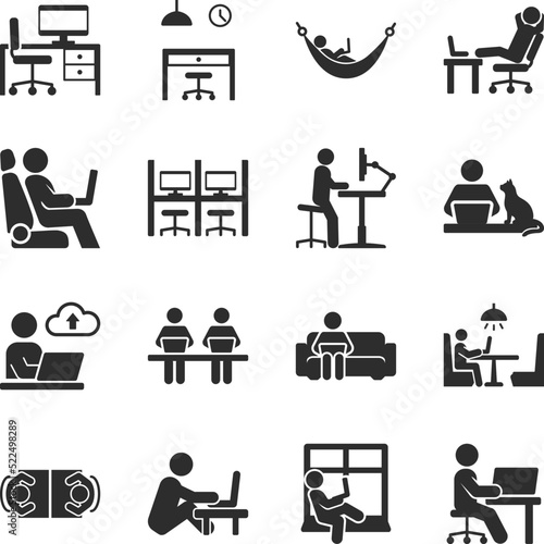 Workspace, a place to work icons set. People work with a laptop or computer in various places. In the office, in the car, in a coffee shop, in a co-working room. Monochrome black and white icon.