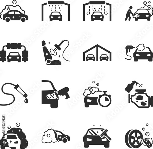 Car Wash icons set. Washing, drying, polishing car parts. Automatic and self-service washing. Monochrome black and white icon.
