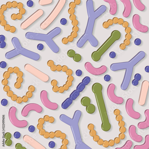 3d render probiotic bacteria, germ and microbe, microbiome background. Microorganism backdrop. Medicine or dietary supplements for gastrointestinal health. Vector illustration.