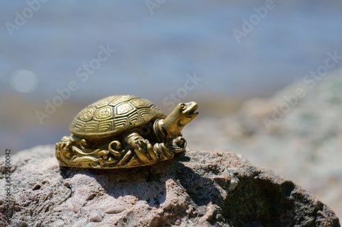 A metal turtle on the riverbank. An esoteric symbol. photo