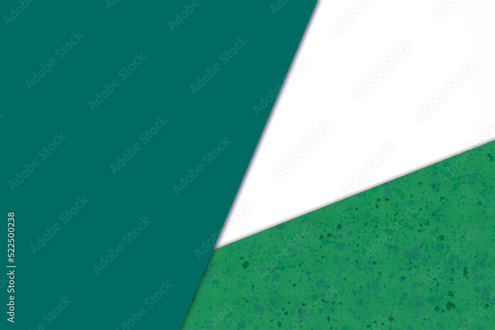 Plain vs textured dark deep shades of green blue and white color papers intersecting to form a triangle shape for cover design