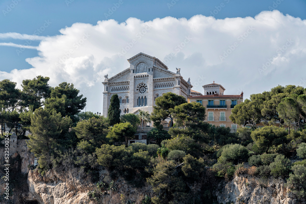 Cathedral on top of giant rock of Monaco, a country in France based on the fabulous cape.