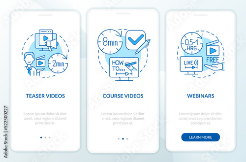 Online tutorials types blue onboarding mobile app screen. Walkthrough 3 steps editable graphic instructions with linear concepts. UI, UX, GUI template. Myriad Pro-Bold, Regular fonts used