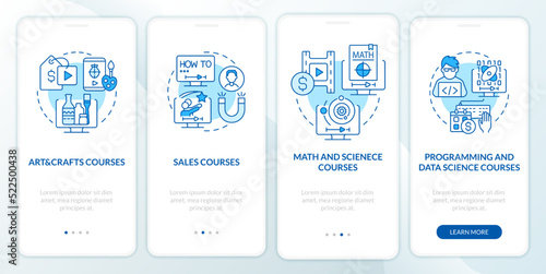 Online courses ideas blue onboarding mobile app screen. Walkthrough 5 steps editable graphic instructions with linear concepts. UI, UX, GUI template. Myriad Pro-Bold, Regular fonts used