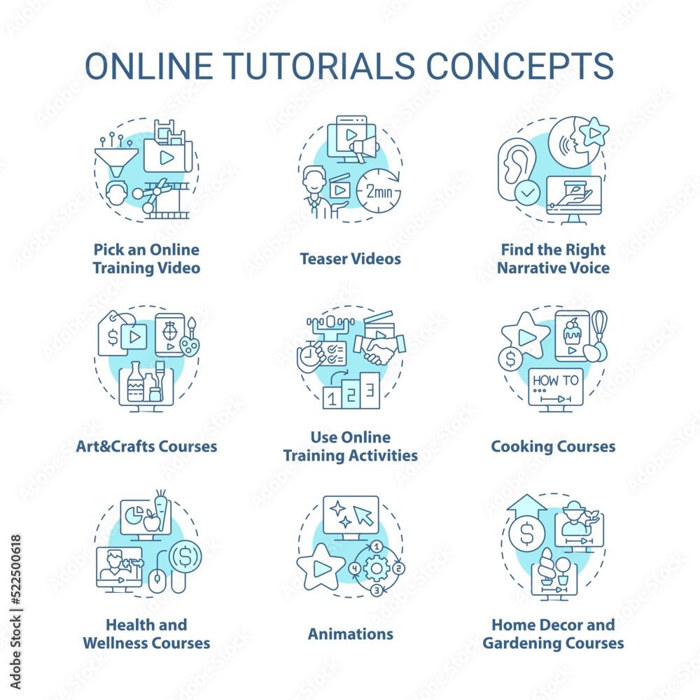 Online tutorials turquoise concept icons set. Distant learning. Virtual education idea thin line color illustrations. Isolated symbols. Editable stroke. Roboto-Medium, Myriad Pro-Bold fonts used