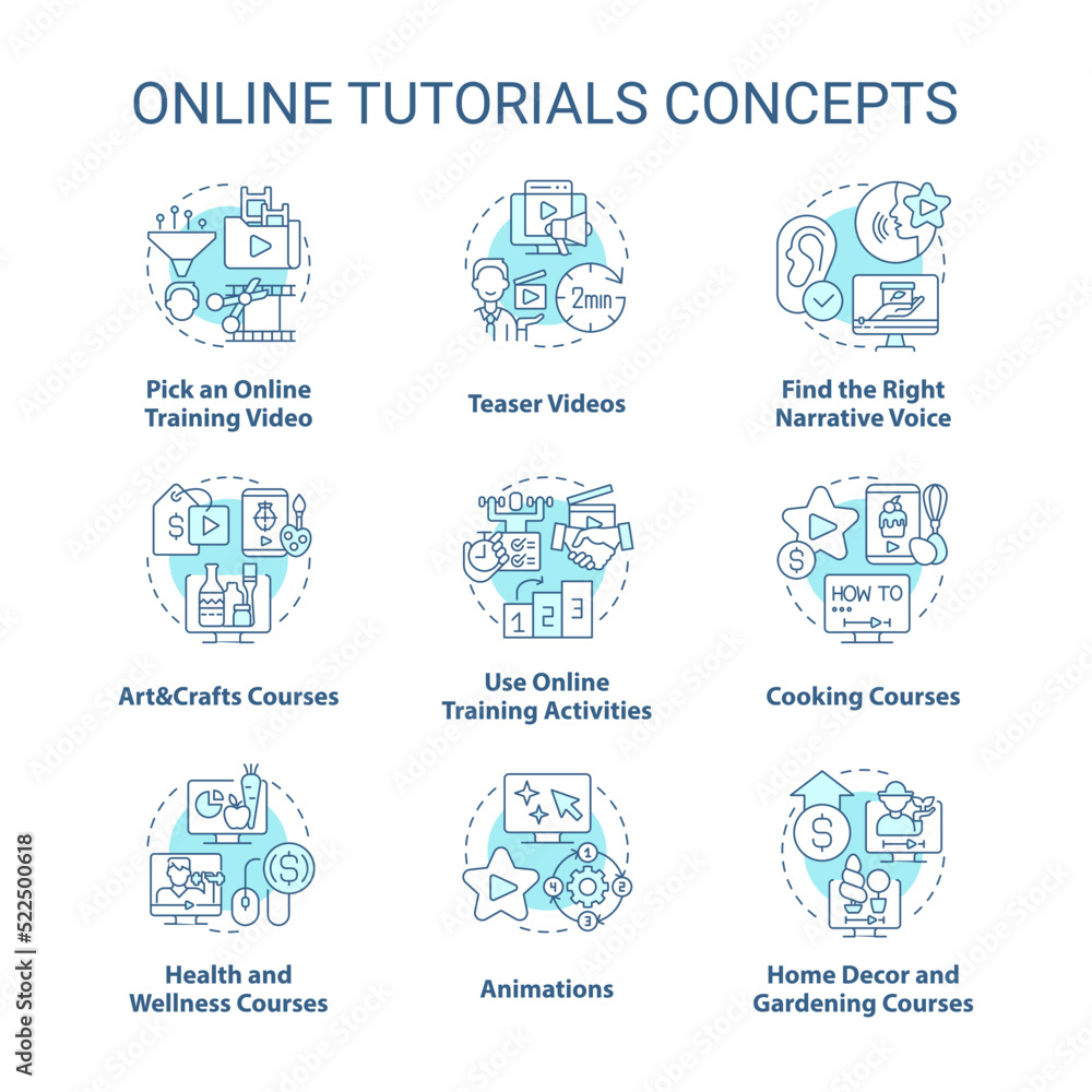 Online tutorials turquoise concept icons set. Distant learning. Virtual education idea thin line color illustrations. Isolated symbols. Editable stroke. Roboto-Medium, Myriad Pro-Bold fonts used Online tutorials turquoise concept icons set. Distant learning. Virtual education idea thin line color illustrations. Isolated symbols. Editable stroke. Roboto-Medium, Myriad Pro-Bold fonts used