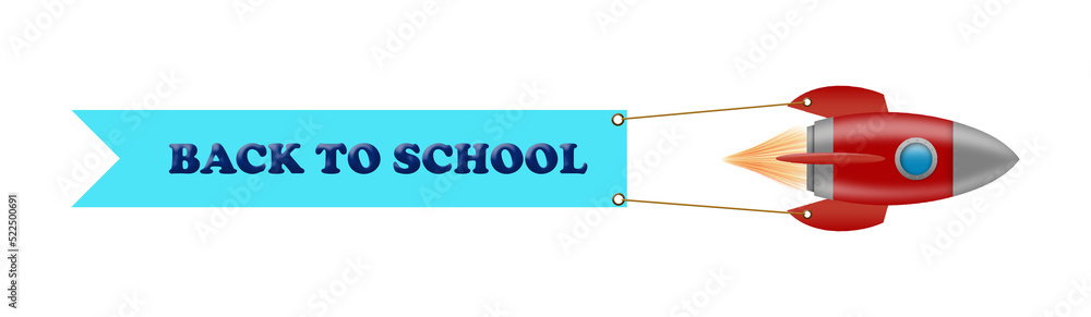 Space rocket, with a flag, with the words Back to School. Isolated on a white background. Concept of the new school year. Education. Design element. B