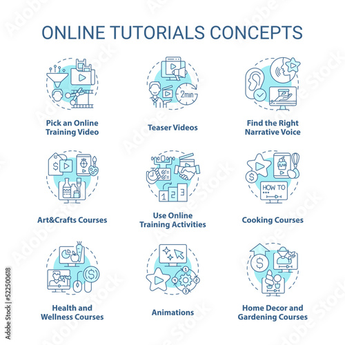 Online tutorials turquoise concept icons set. Distant learning. Virtual education idea thin line color illustrations. Isolated symbols. Editable stroke. Roboto-Medium, Myriad Pro-Bold fonts used