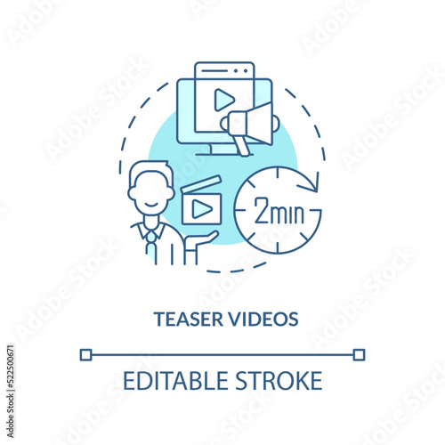Teaser videos turquoise concept icon. Visual short introduction. Online tutorial type abstract idea thin line illustration. Isolated outline drawing. Editable stroke. Arial, Myriad Pro-Bold fonts used