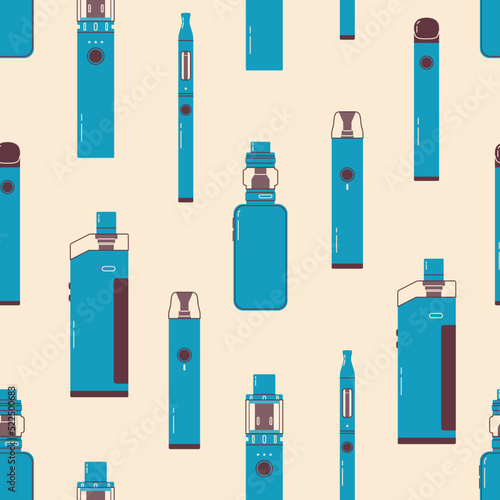 Colorful vape pattern. Electronic cigarettes and vape seamless pattern. Modern vector illustration. Variety of designs vape pens and pod mods. Flat vector design for web.