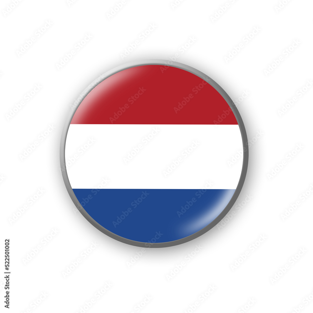 Netherlands flag. Round badge in the colors of the Netherlands flag. Isolated on white background. Design element. 3D illustration. Netherlands flag. Round badge in the colors of the Netherlands flag. Isolated on white background. Design element. 3D illustration.