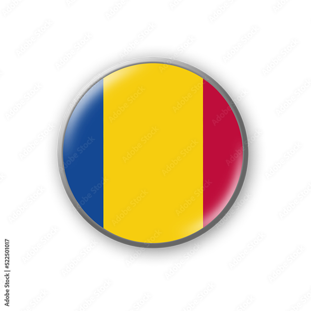 Romania flag. Round badge in the colors of the Romania flag. Isolated on white background. Design element. 3D illustration. Romania flag. Round badge in the colors of the Romania flag. Isolated on white background. Design element. 3D illustration.