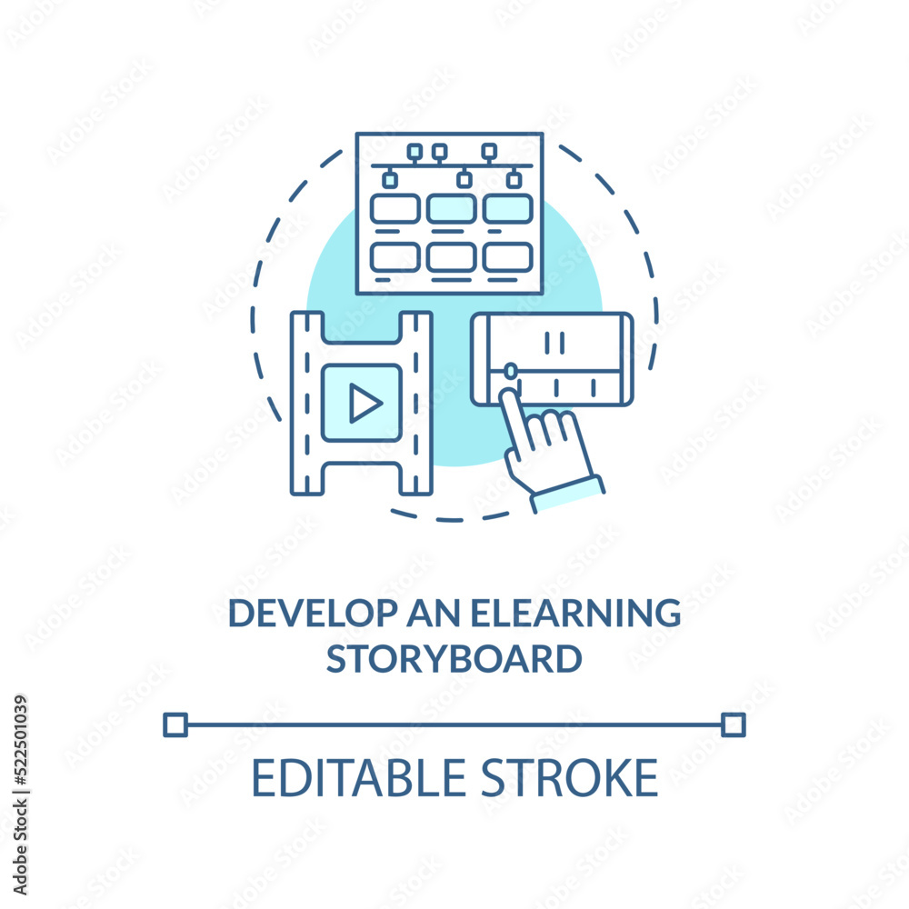 Develop eLearning storyboard turquoise concept icon. Sales online training videos abstract idea thin line illustration. Isolated outline drawing. Editable stroke. Arial, Myriad Pro-Bold fonts used