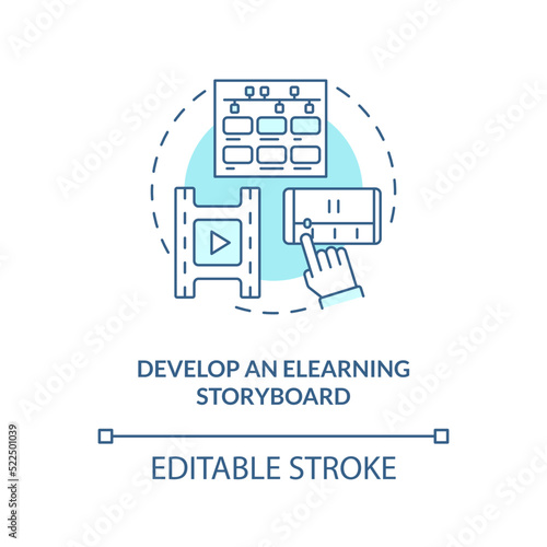 Develop eLearning storyboard turquoise concept icon. Sales online training videos abstract idea thin line illustration. Isolated outline drawing. Editable stroke. Arial, Myriad Pro-Bold fonts used