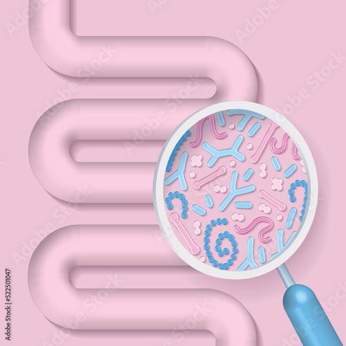 Medical 3d render illustration of microbiome being shown with a magnifying glass. Could be result of probiotics promoting good digestive flora or other microbes. Gut bacteria vector illustration.