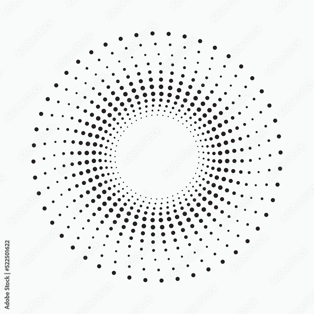 Halftone dots in circle form. Round halftone logo. Vector dotted frame design. Abstract dotted background. Pattern, texture, object of dots. Design element.