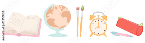 Collection with school supplies. Back to school set. Flat vector illustration.