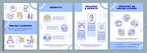 Online learning brochure template. Internet courses. Leaflet design with linear icons. Editable 4 vector layouts for presentation, annual reports. Arial-Black, Myriad Pro-Regular fonts used