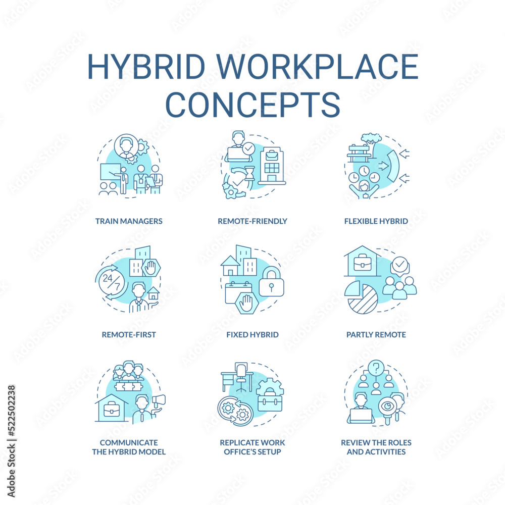 Hybrid workplace turquoise concept icons set. Work shifts. Flexible schedule idea thin line color illustrations. Isolated symbols. Editable stroke. Roboto-Medium, Myriad Pro-Bold fonts used