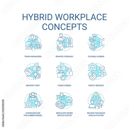 Hybrid workplace turquoise concept icons set. Work shifts. Flexible schedule idea thin line color illustrations. Isolated symbols. Editable stroke. Roboto-Medium, Myriad Pro-Bold fonts used